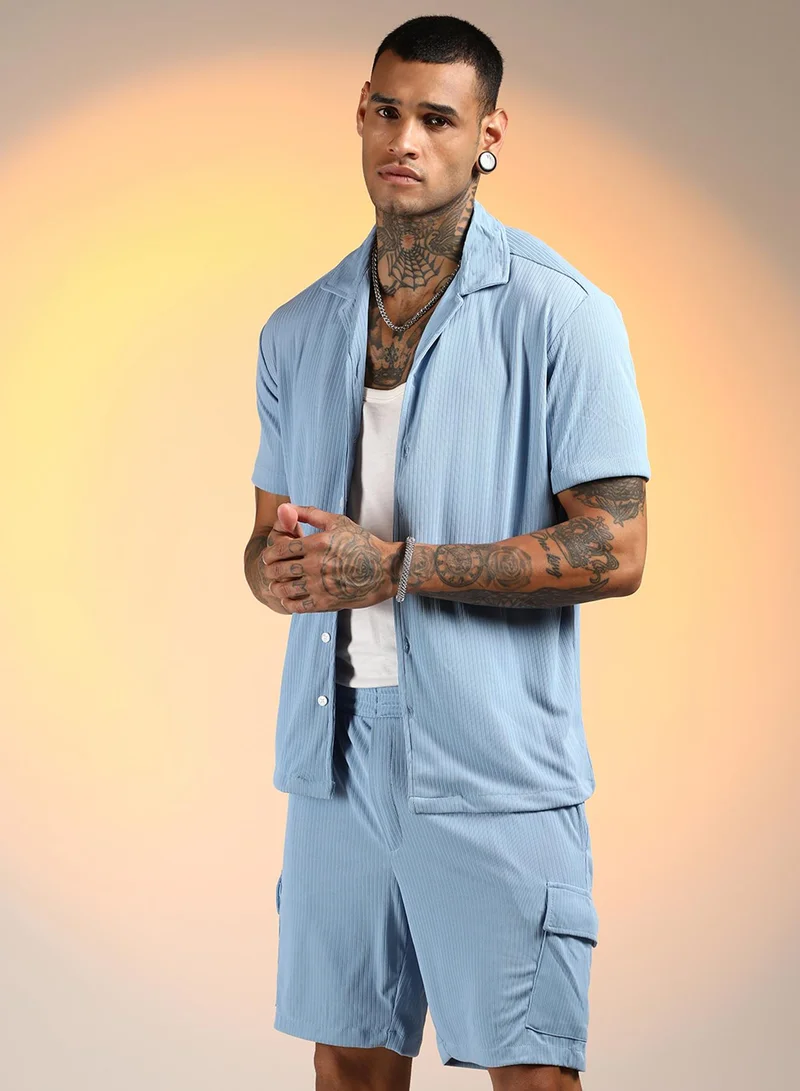 Campus Sutra Men's Baby Blue Ribbed Utility Co-Ord Set For Casual Wear | Cuban Collar | Short Sleeve | Button Closure | Co-Ords Crafted With Comfort Fit For Everyday Wear